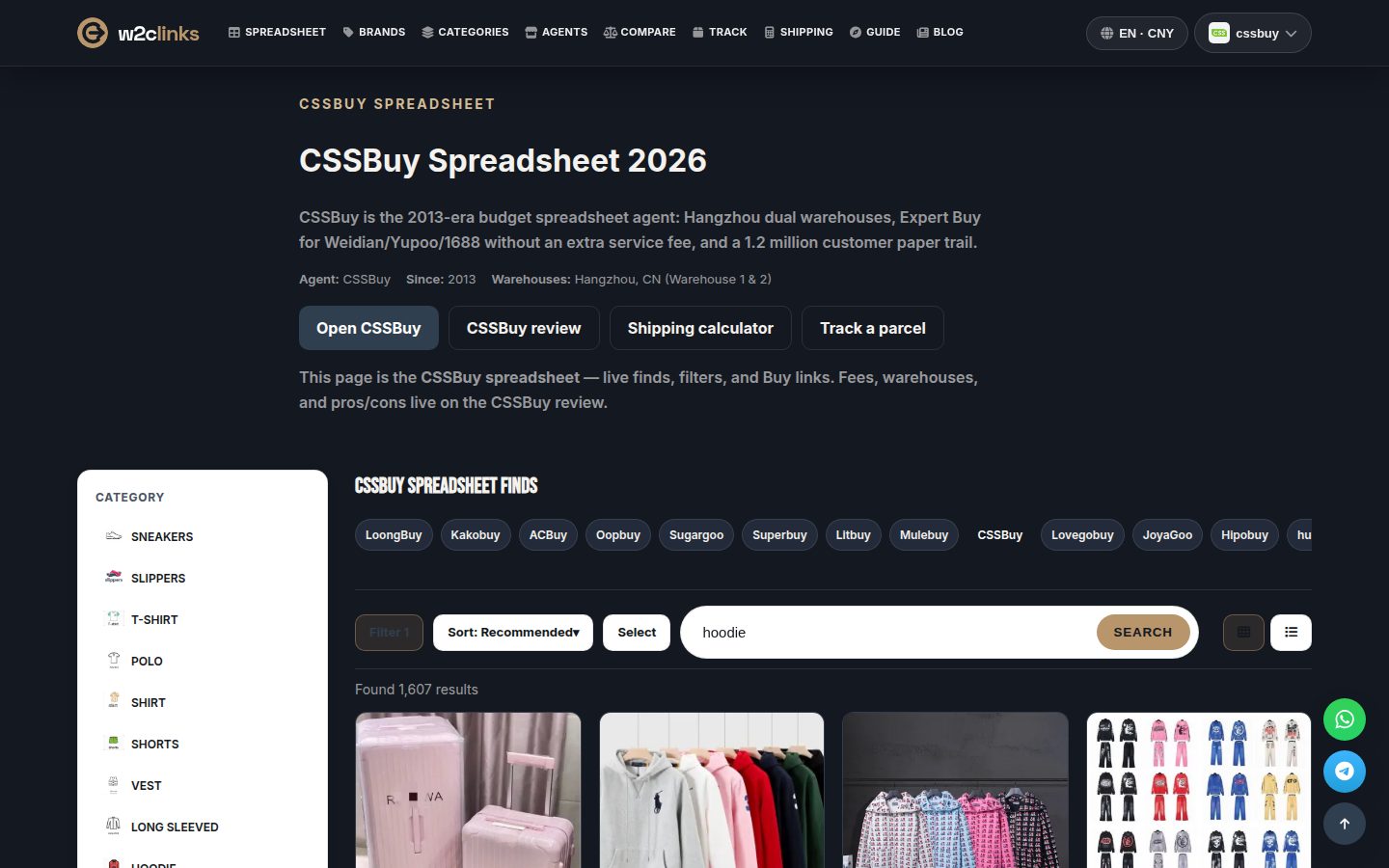 Hoodie-Suche im CSSBuy-Katalog auf w2clinks